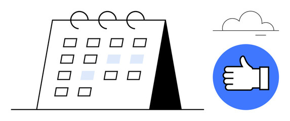 Desk calendar displaying highlighted dates alongside a blue circle with a thumbs-up symbol and a soft cloud. Ideal for scheduling, planning, organization, productivity, events, approval, simple