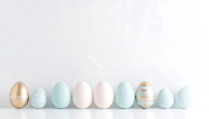 Pastel Easter eggs in a row against a white background