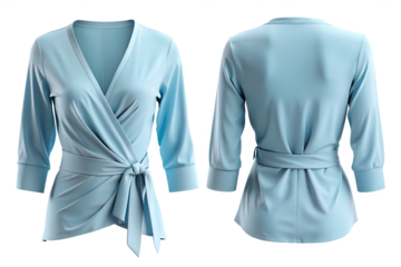 Elegant pale blue wrap top with tie detail for sophisticated modern women seeking chic style