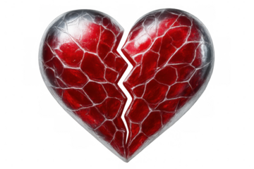 Shiny metallic red broken heart with visible cracks, symbolizing lost love and heartbreak, isolated on transparent background