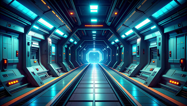 Futuristic spaceship corridor with glowing.