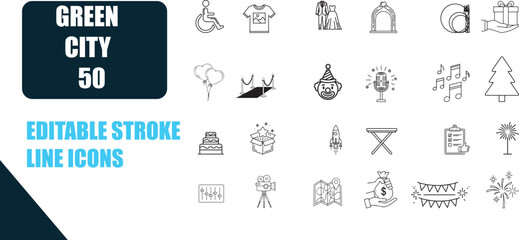 Collection of Editable Stroke Line Icons for Various Purposes and Occasions and Green City 50 theme