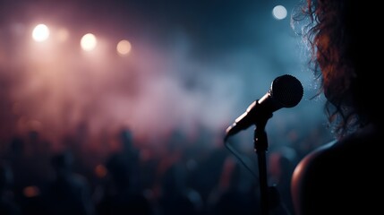 Obraz premium Singer holding microphone on concert stage with live performance lighting