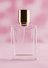 Elegant perfume bottle with golden cap against a soft pink ethereal background backdrop