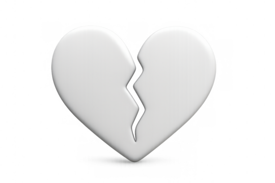 White broken heart is representing sadness and end of relationship on a transparent background