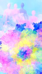 Pastel figures emerge from vibrant floral blooms against a hazy sky