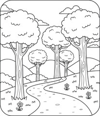 Naklejka premium Peaceful nature path with tall trees, green hills, and scattered flowers under a cloudy sky, black and white line art coloring page