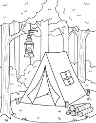 Simple camping tent with a hanging lantern and firewood in a forest setting, black and white outline illustration for coloring pages