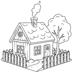 Cute small cottage with chimney smoke, wooden fence, tree, and garden path, black and white line art for kids coloring page