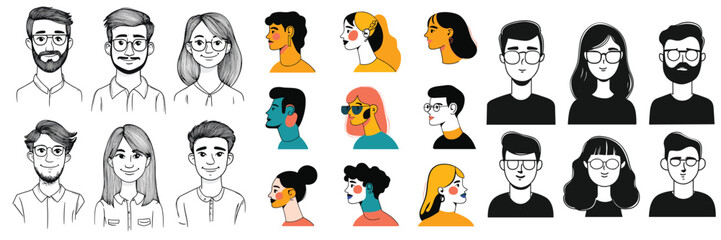 variety of avatar portraits in line art and flat color for profile design