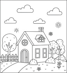Fototapeta premium Cute countryside house with trees, flowers, fence, and clouds in simple black and white line art for kids coloring page