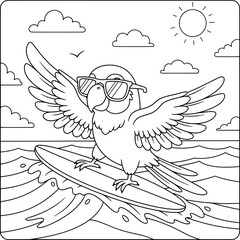 Cool parrot surfing on a wave with sunglasses, fun tropical summer beach theme in black and white line art for kids coloring page