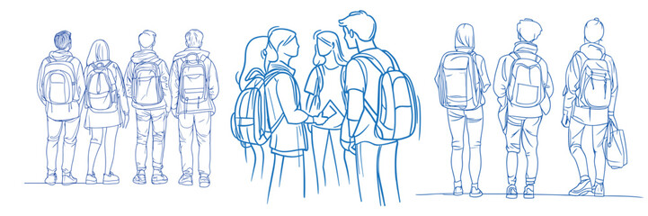 Fototapeta premium variety of students with backpacks in line style for education and school design