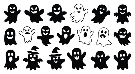 Obraz premium Emotional Halloween Ghosts Vector Set - Spooky Expressions with Witch Hat | B&W Line Art for Holiday Designs
