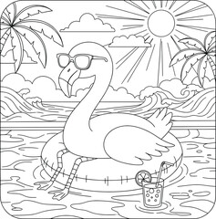 Flamingo wearing sunglasses relaxing on a pool float with tropical drink under sunny sky and palm trees, black and white line art coloring page