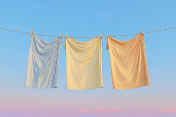 Three soft fabric cloths in pastel colors hanging on clothesline with wooden pegs under clear blue sky, creating calm and peaceful outdoor scene