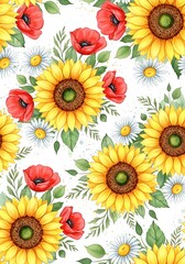 Watercolor floral pattern featuring sunflowers, poppies, and daisies in a bright arrangement