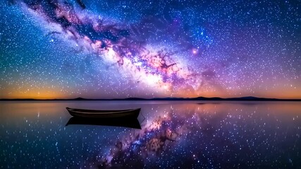 A serene lake at night, with a small boat reflecting a vibrant starry sky - Powered by Adobe