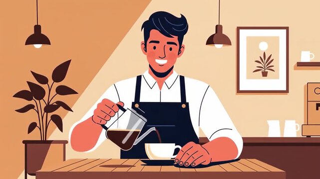 Flat vector a barista pours coffee into a cup at a cafe, with plants and decorations in the background, in a flat vector illustration style isolated on white background