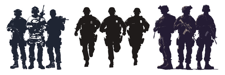 Fototapeta premium silhouettes of SWAT police team in action for security and tactical design