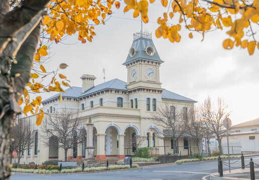 An old Post Office Building with a clock tower framed by autumn leaves