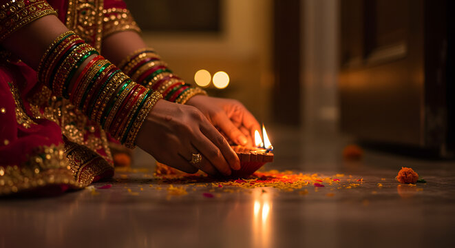 Celebrating Diwali: Woman Holding Traditional Oil Lamp with Festive Bangles