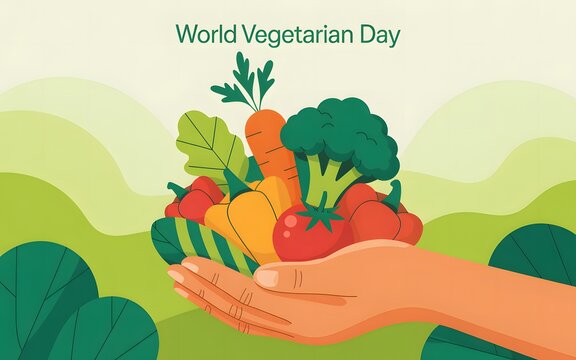 Hand holding fresh vegetables for world vegetarian day celebration