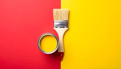 Paint can and brush on red and yellow background