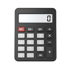 Digital black calculator with white buttons, showing "0" on the display, used for mathematical computations