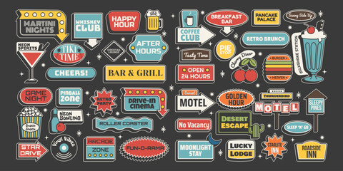 Retro sticker set. Complete mid century signage pack with motel, bar, diner and entertainment signs. Vector illustration isolated on dark background