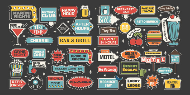 Retro sticker set. Complete mid century signage pack with motel, bar, diner and entertainment signs. Vector illustration isolated on dark background