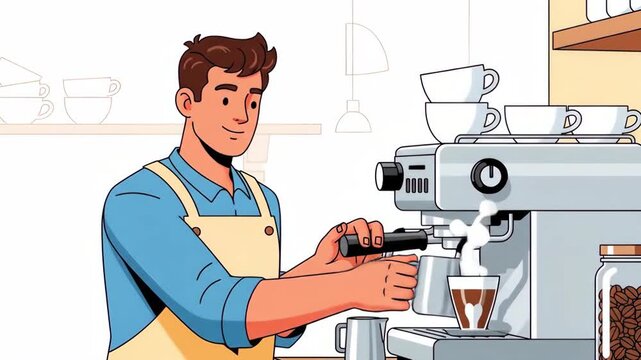 Flat vector a young barista is making coffee with an espresso machine in a cafe, preparing a latte or cappuccino, serving customers with a smile and professional service