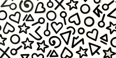 Whimsical black and white pattern featuring hearts stars circles triangles and abstract shapes