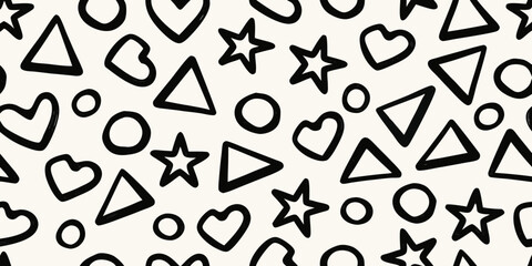 Hand drawn black geometric shapes and hearts scattered on a cream background