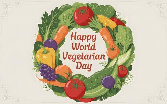 Happy world vegetarian day greeting with a colorful wreath of fresh vegetables