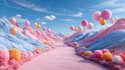 Pastel landscape with balloons