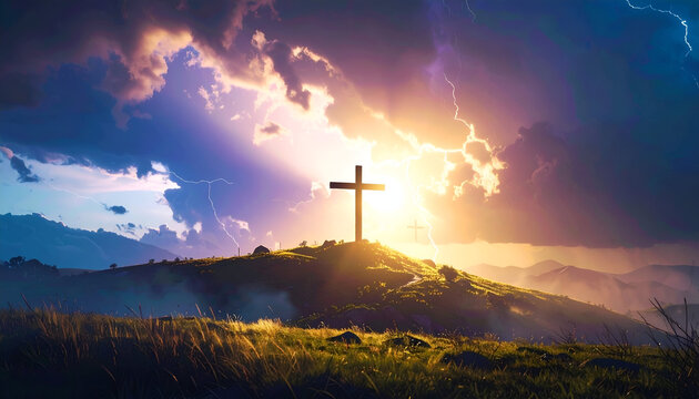 Cross with Hilltop Stormy Sunset.