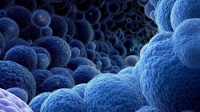 Dynamic 3D visualization of adipocyte bubbles swelling and crowding the abdominal cavity representing excessive weight gain.