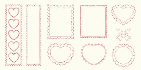 Collection of hand drawn decorative frames and elements with hearts and scalloped edges in pink