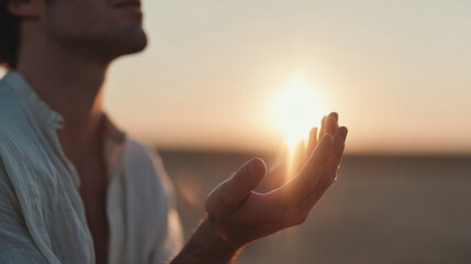 man catching sunbeam in his palm deeply connecting with nature and embracing tranquility