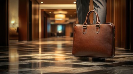 Businessman carrying a brown leather briefcase in a hotel hallway.