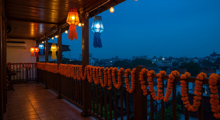 Festive balcony adorned with colorful lanterns and marigold garlands at twilight