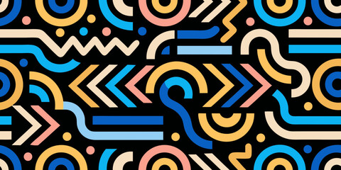 Abstract geometric pattern with colorful shapes and lines on a black background