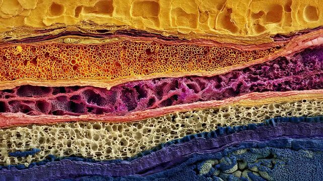 Stylized microscopic view of healing wound layers arranged horizontally goldenyellow clot matrix crimson inflammation zone rosy new tissue granulation and deep blue remodeling phase