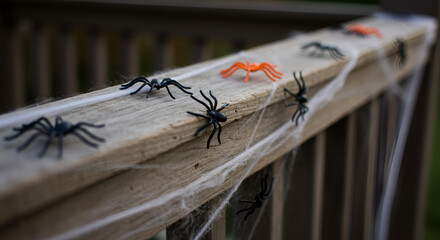Fototapeta premium Halloween decoration featuring plastic spiders and artificial cobwebs on railing