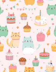 Pastel pink background with cute cats and birthday treats