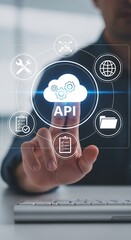 Future Tech Integration Businessman Touching API Cloud Interface For Digital Transformation Success
