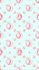 Pastel pink peaches on a light blue background repeat pattern