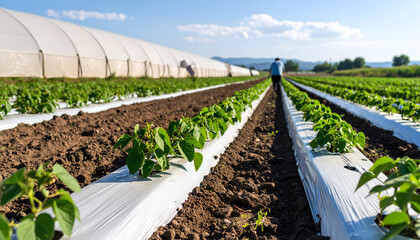 Farmer walking in soybean field.