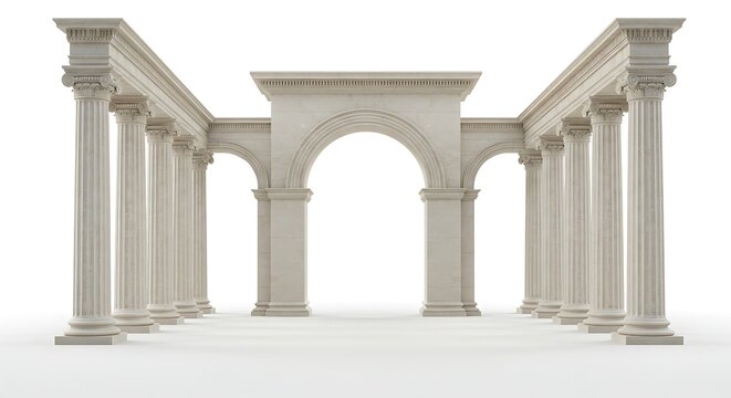 Empty room with Classic colonnade with arch and corinthian column isolated on white